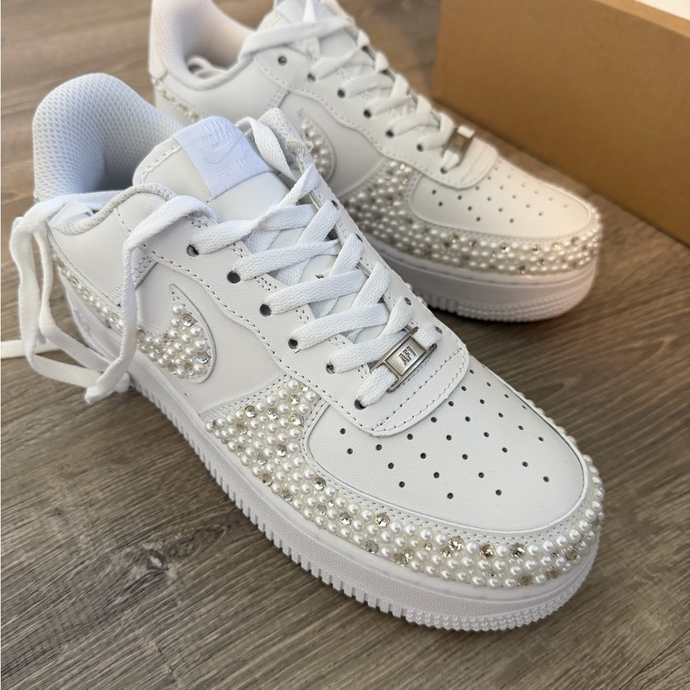 White Pearl and Rhinestone Embellished Women's Nike Air Force Ones